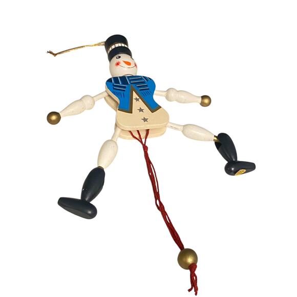 Vintage Pull Toy Christmas 7 1/2" Tall Moving Arms Legs Snowman Wooden Ornament - Picture 5 of 9